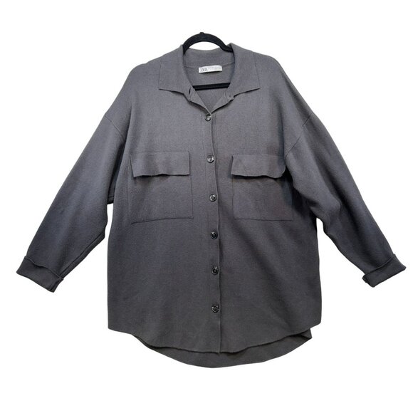 Zara Womens Button-Up Oversized Knit Shirt Jacket M Gray Made In Turkey Heavy - Picture 1 of 12